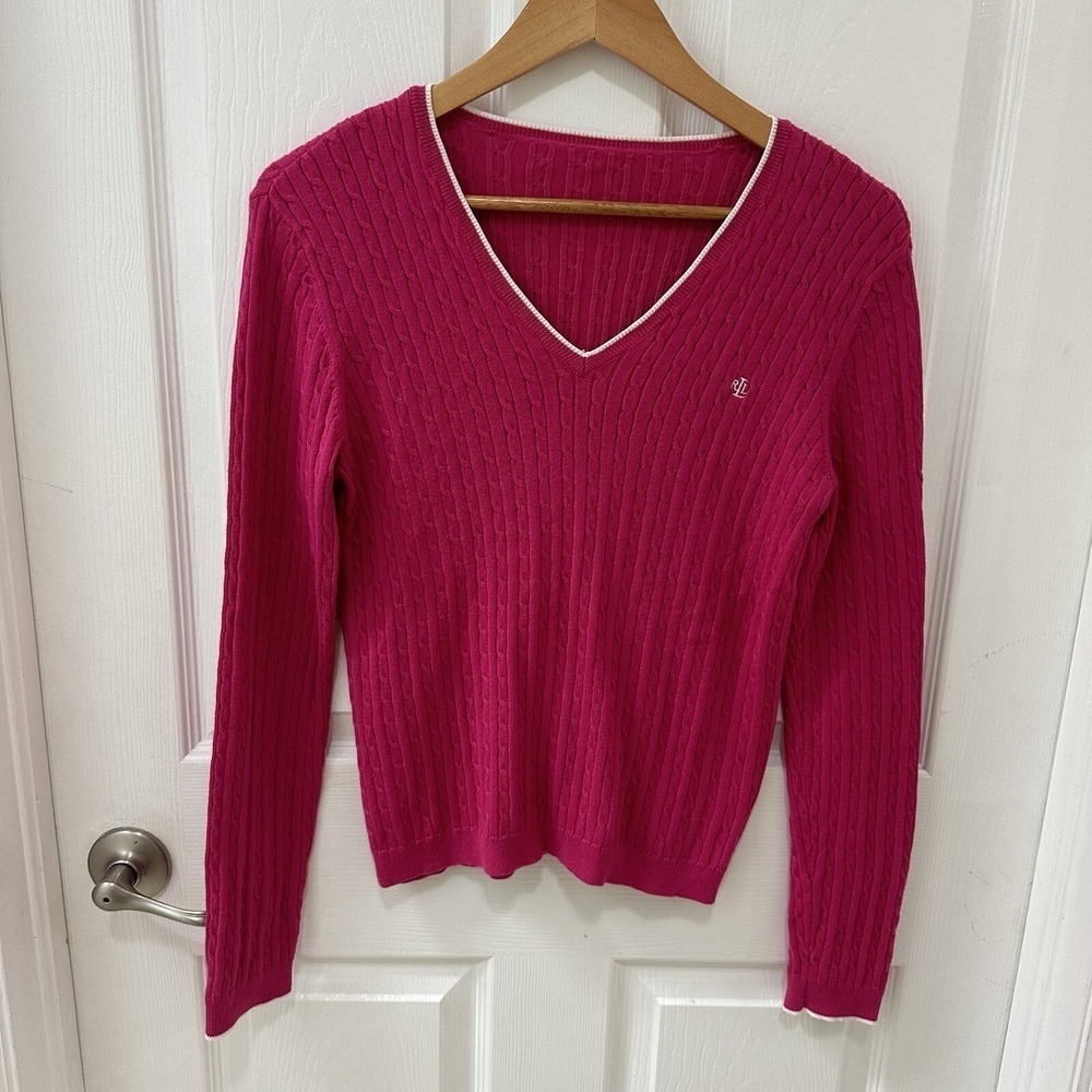 Ralph Lauren Active Cable Knit Sweater Womens Pink V Neck Long Sleeve Medium